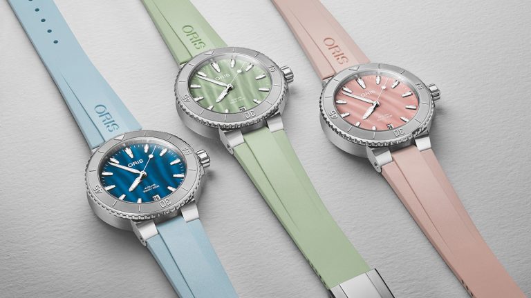 Oris lanza el modelo Aquis Date 36,5 mm con un surtido de tres esferas de nácar.