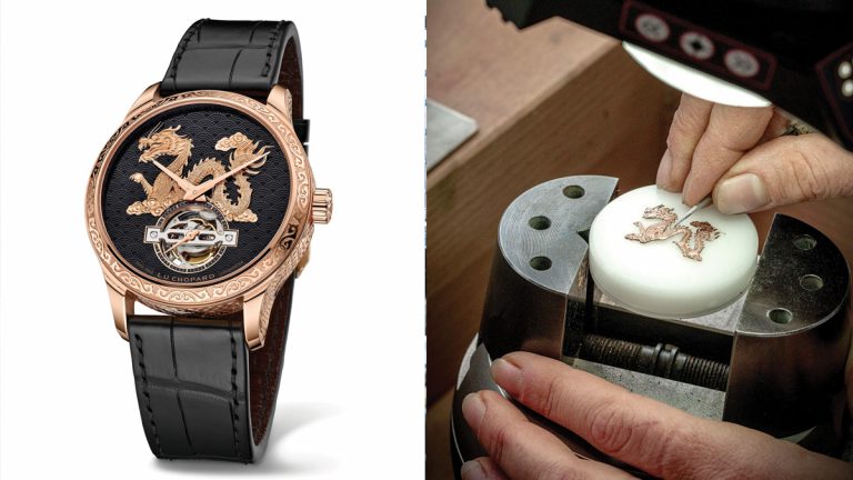 Esfera de oro ético rosa de 18 quilates con fondo texturizado esmaltado Grand feu negro, dragón grabado a mano de oro ético rosa. Agujas dauphine fusées doradas para las horas y los minutos y aguja de triángulo blanca para el segundero pequeño fijada sobre la jaula del tourbillon.