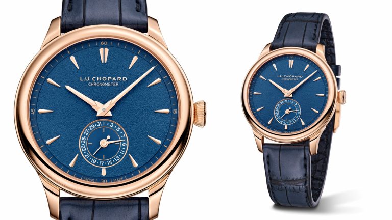 Este reloj de venta exclusiva en las boutiques Chopard viene con una correa intercambiable de piel de aligátor azul con costuras tono sobre tono, o de becerro marrón con costuras en beige. Ambas están sujetas por una hebilla de oro ético rosa.