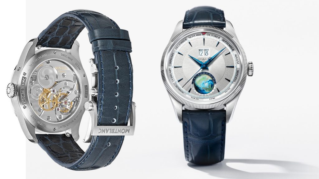 La versión de acero ofrece una esfera blanca plateada con índices revestidos en azul, así como globo del hemisferio norte en cristal de zafiro pintado a mano con el meridiano Greenwich en naranja e indicación de día y noche.