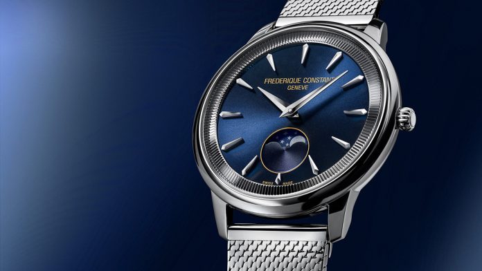 Descubra el Frederique Constant Classics Moneta Moonphase, reloj suizo elegante con fase lunar, brazalete milanés y lujo asequible.