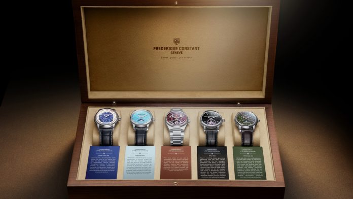 BOX Frederique Constant revela por primera vez un cofre excepcional compuesto por cinco relojes de manufactura en edición estrictamente limitada a solo 37 piezas. Bajo el nombre “The Elements Collection”, esta creación rinde homenaje al saber hacer de la alta relojería ginebrina, reuniendo algunas de las complicaciones más prestigiosas de la casa: worldtimer, fase lunar, calendario perpetuo, tourbillon y tourbillon con calendario perpetuo.