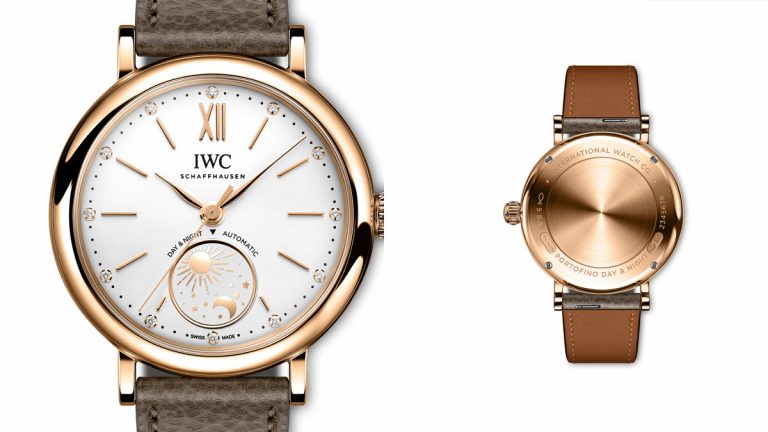 IWC Schaffhausen Portofino Automatic Day & Night 34 en oro 5N de 18 quilates, con diamantes e indicación día y noche. Elegancia clásica y relojería suiza de lujo.